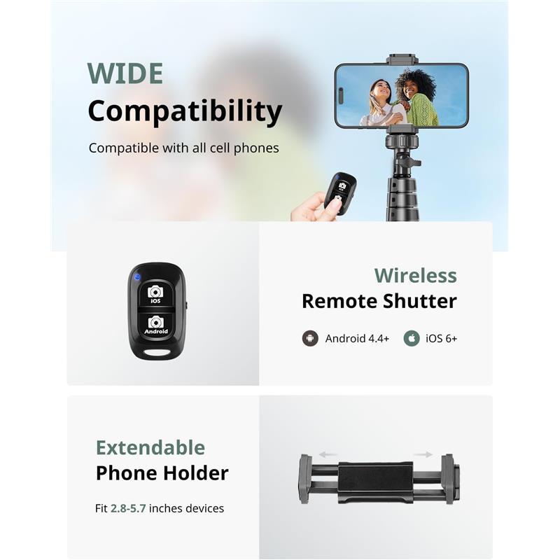 62" Phone Tripod & Selfie Stick, Extendable Cell Phone Tripod Stand with Wireless Remote and Phone Holder, Compatible with iPhone Android Phone, Camera