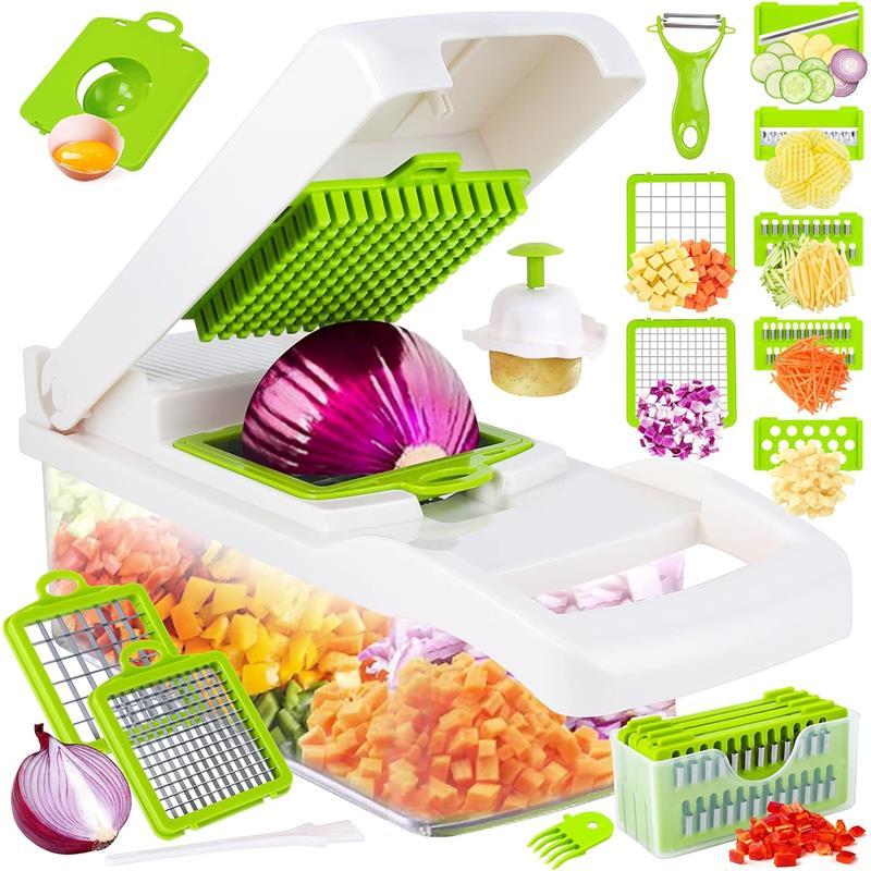 SNIFITAR 14-in-1 Stainless Steel Vegetable Chopper Pro Onion Chopper with 8 Blades Heavy-Duty Dicer Cutter for Carrots Garlic & More Gray White