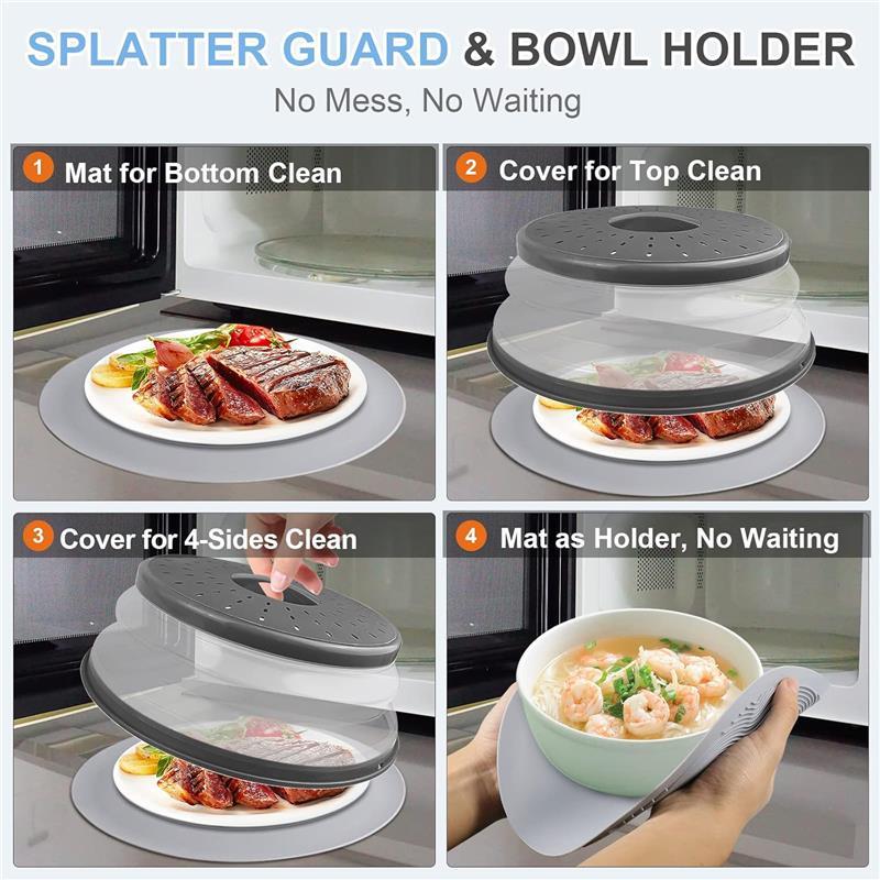 10 Inch Microwave Food Cover & Collapsible Silicone Mat - Splatter Guard, Plate Holder & Kitchen Colander for Meal Prep, Charcoal, Durable, BPA-Free, Food Grade Silicone & Plastic