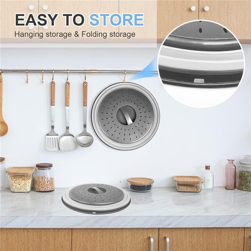 10 Inch Microwave Food Cover & Collapsible Silicone Mat - Splatter Guard, Plate Holder & Kitchen Colander for Meal Prep, Charcoal, Durable, BPA-Free, Food Grade Silicone & Plastic
