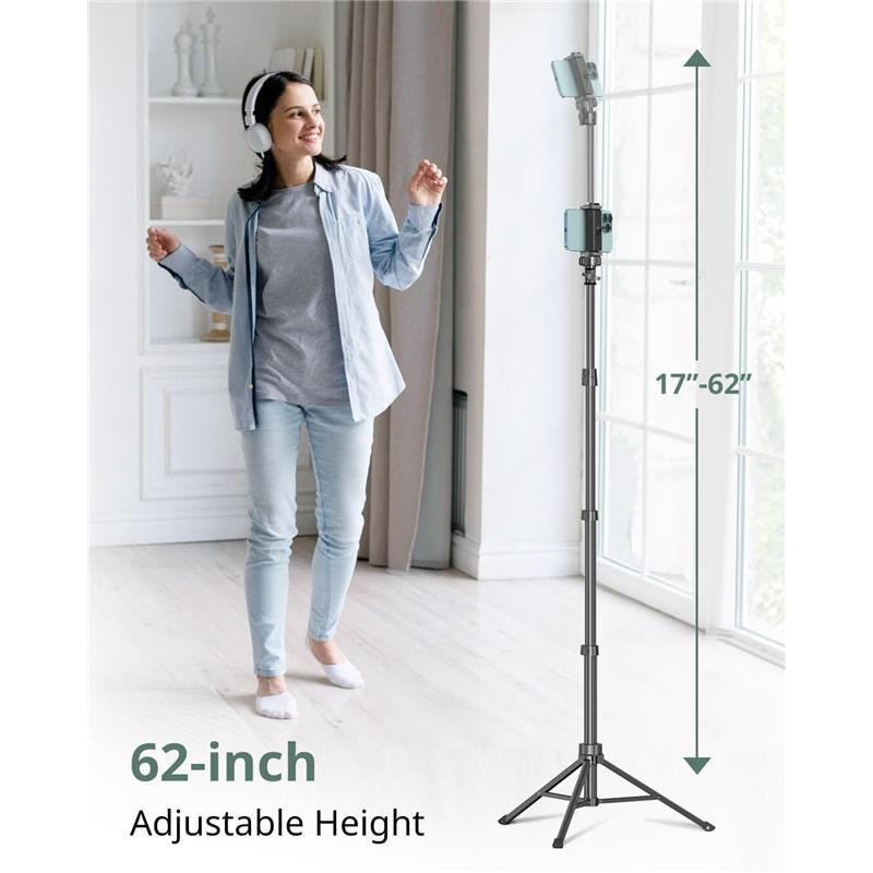 62" Phone Tripod & Selfie Stick, Extendable Cell Phone Tripod Stand with Wireless Remote and Phone Holder, Compatible with iPhone Android Phone, Camera