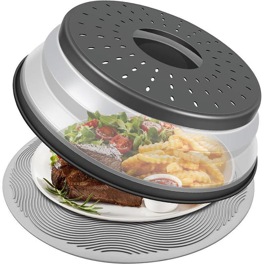 10 Inch Microwave Food Cover & Collapsible Silicone Mat - Splatter Guard, Plate Holder & Kitchen Colander for Meal Prep, Charcoal, Durable, BPA-Free, Food Grade Silicone & Plastic