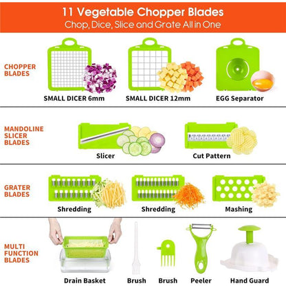 SNIFITAR 14-in-1 Stainless Steel Vegetable Chopper Pro Onion Chopper with 8 Blades Heavy-Duty Dicer Cutter for Carrots Garlic & More Gray White