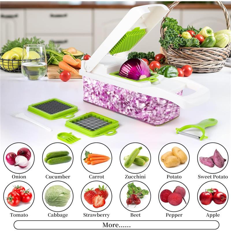 SNIFITAR 14-in-1 Stainless Steel Vegetable Chopper Pro Onion Chopper with 8 Blades Heavy-Duty Dicer Cutter for Carrots Garlic & More Gray White